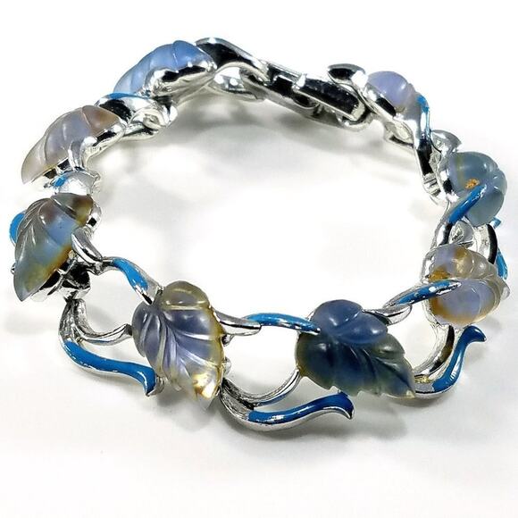 Vintage STAR Blue Lucite Leaves Bracelet 1960s Rhodium Plate Small - Picture 8 of 9